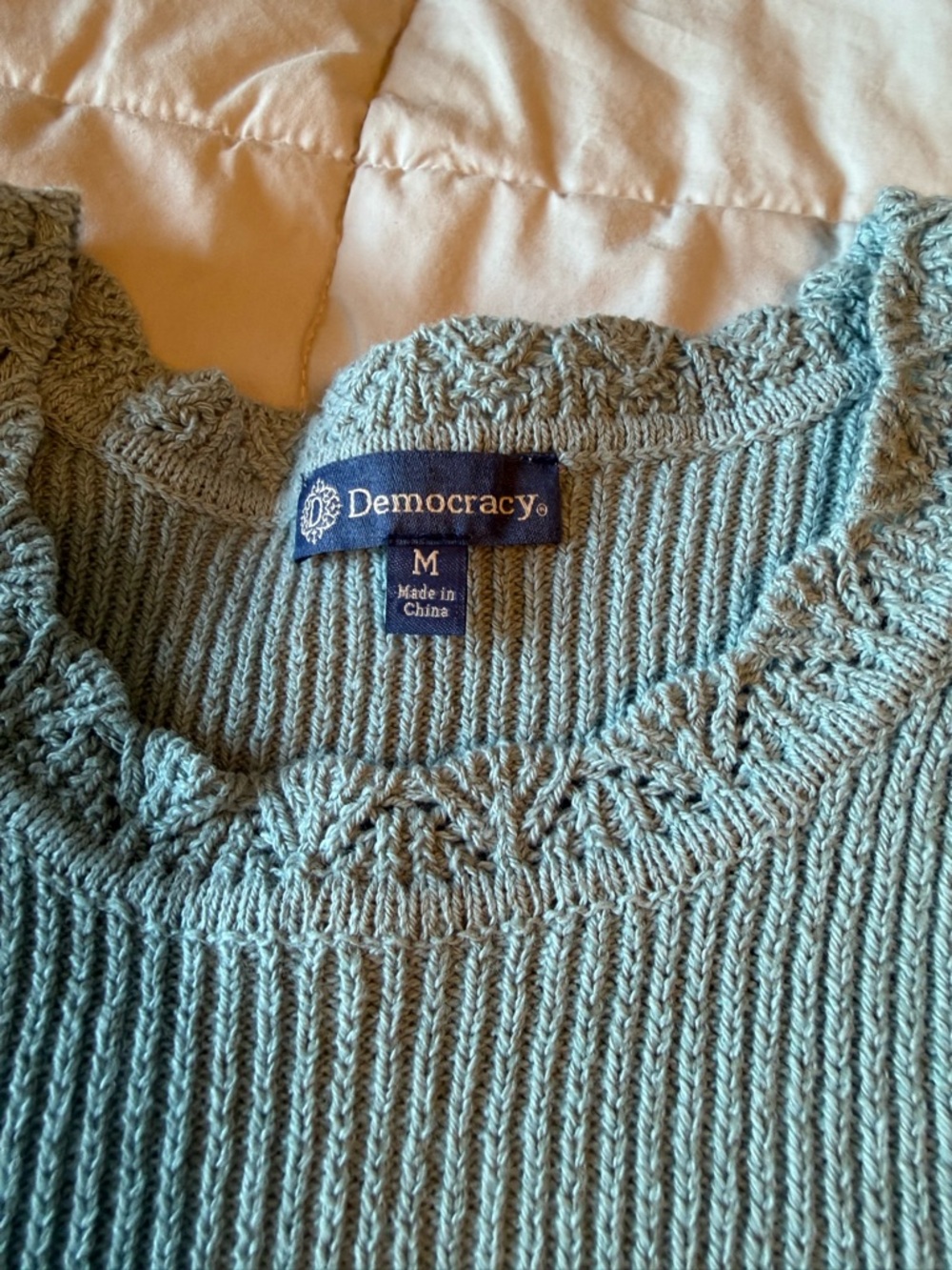 Democracy Women's Teal Crochet-Trim Scoop Neck Sweater